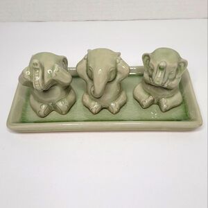Elephant Life Lessons Celadon Ceramic Figurines Vintage Set of Three with Tray